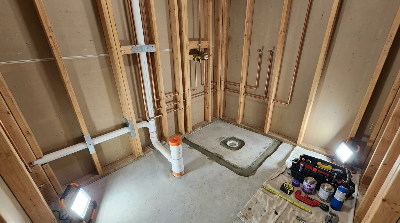 Bathroom rough-in plumbing during remodel by Johns Plumbing LLC in Richardson
