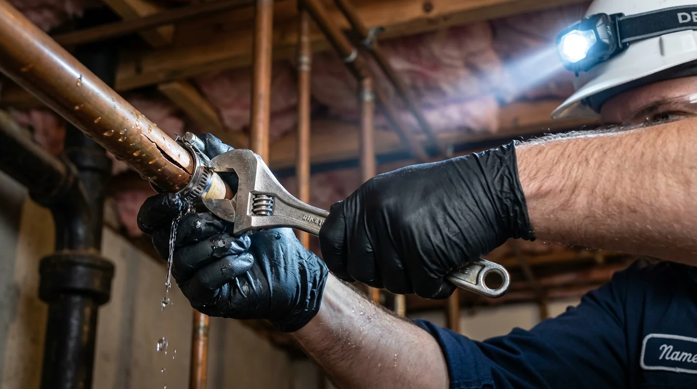 Emergency pipe clamp repair being performed by a Johns Plumbing LLC plumber in Richardson