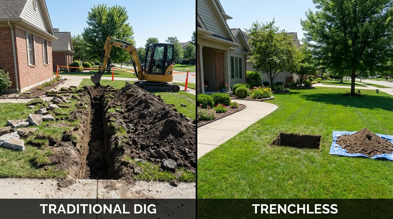 Trenchless sewer repair with minimal yard damage versus traditional excavation in Richardson, TX